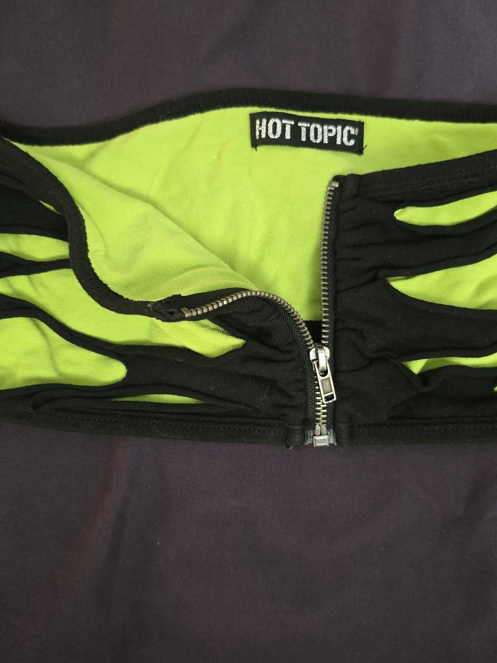 Hot Topic Neon Green and Black Cutout Zip Strapless Bra